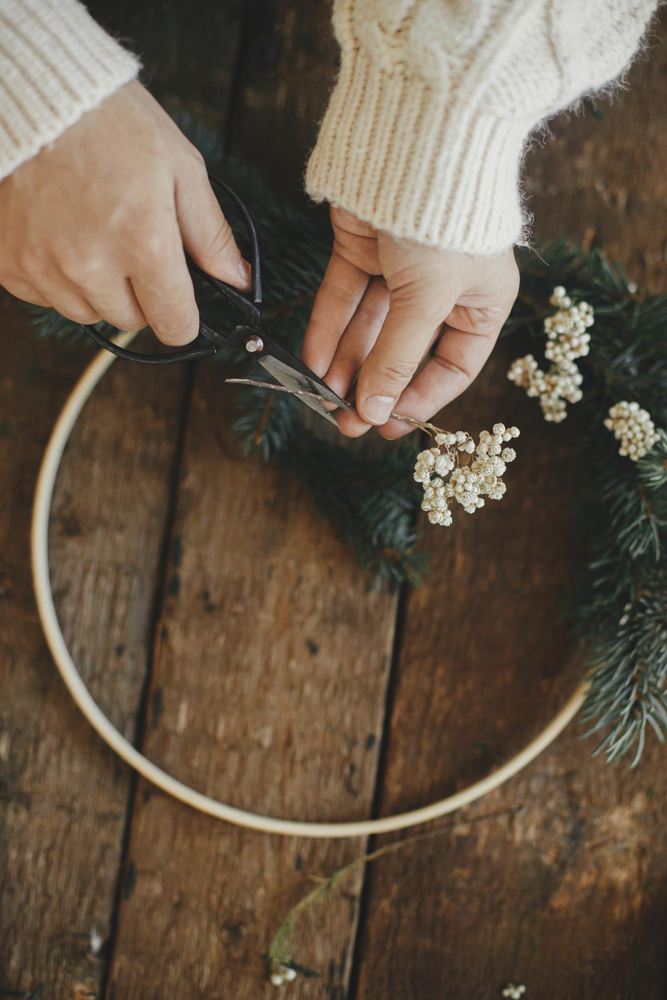 close-up of hand embroidery hoop with floral pattern